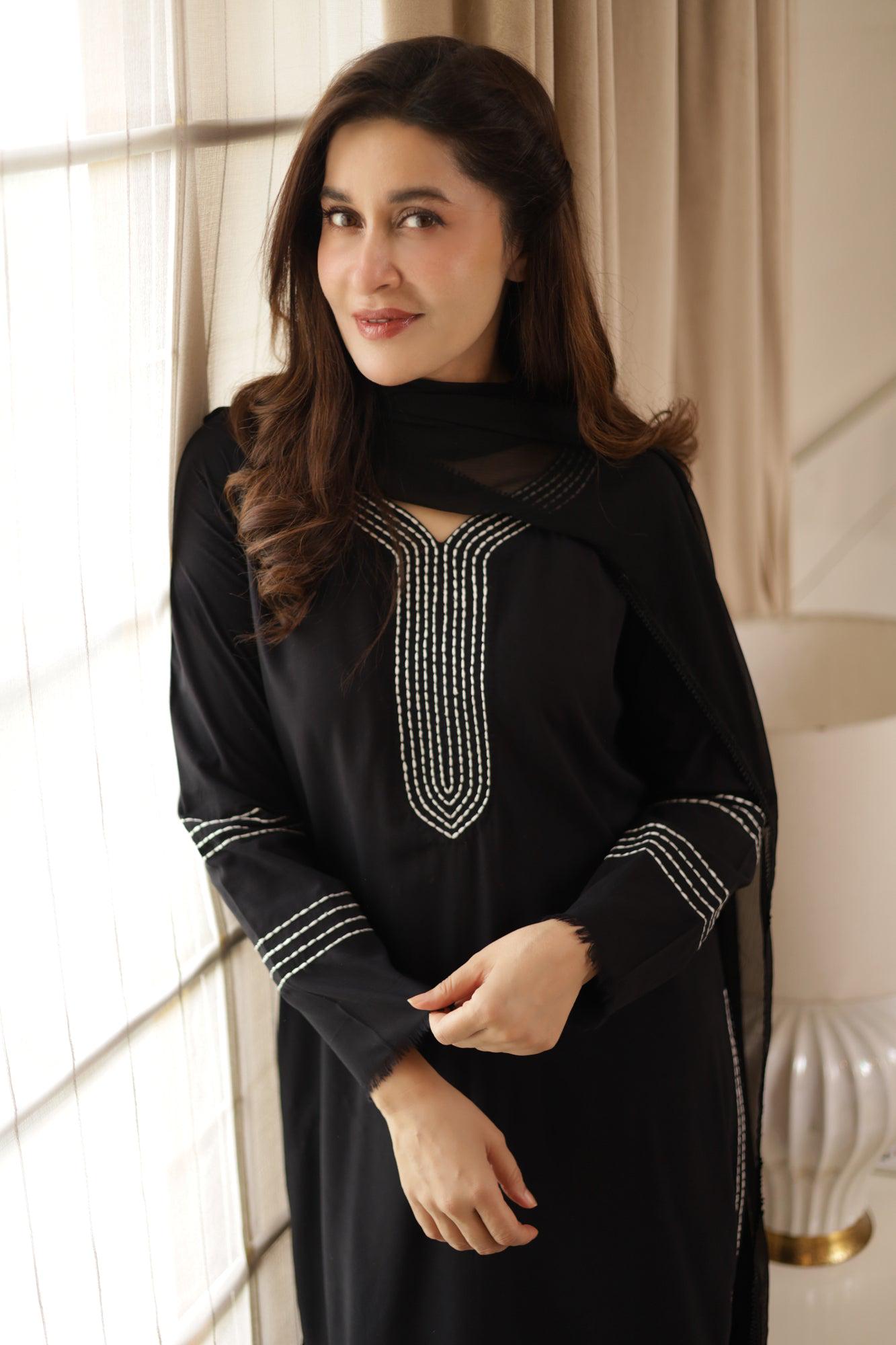 Plain Black light weight Monochrom 3pc stitched black kurti and flared trouserFree shipping