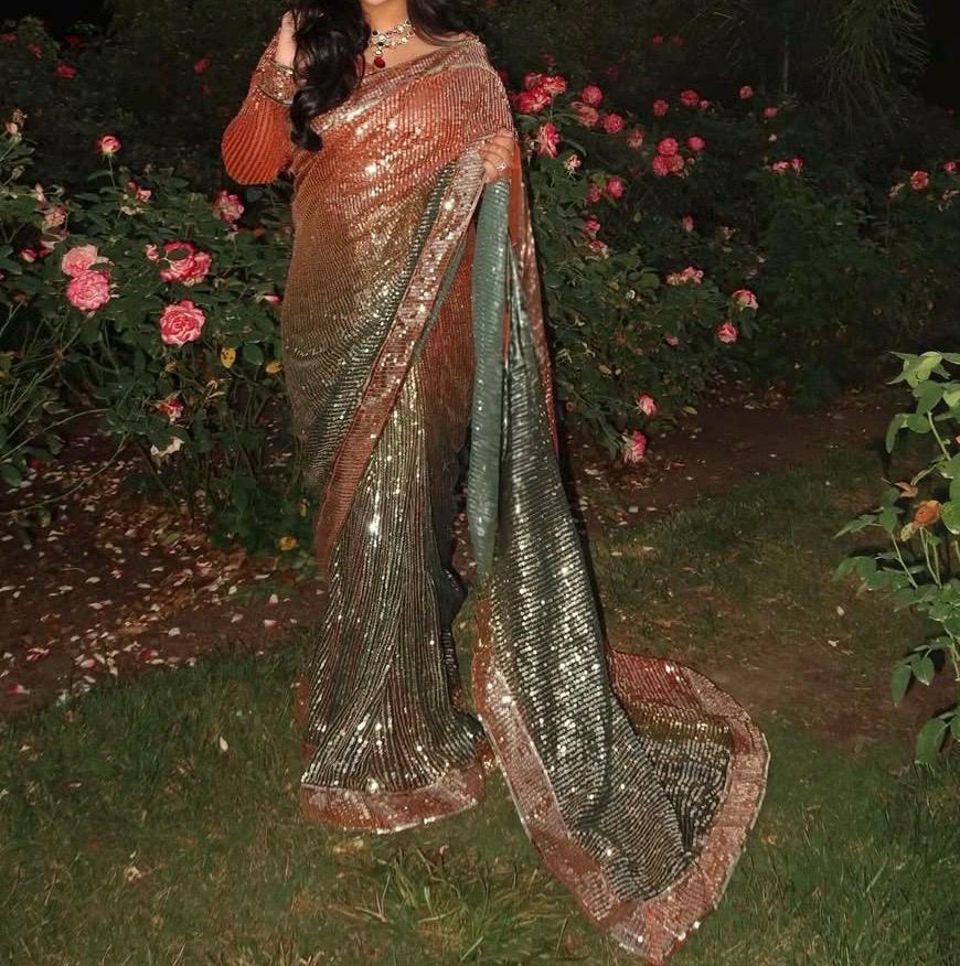 Black and orange Sequin Saree with Embroidered Blouse: Indian Party Wear