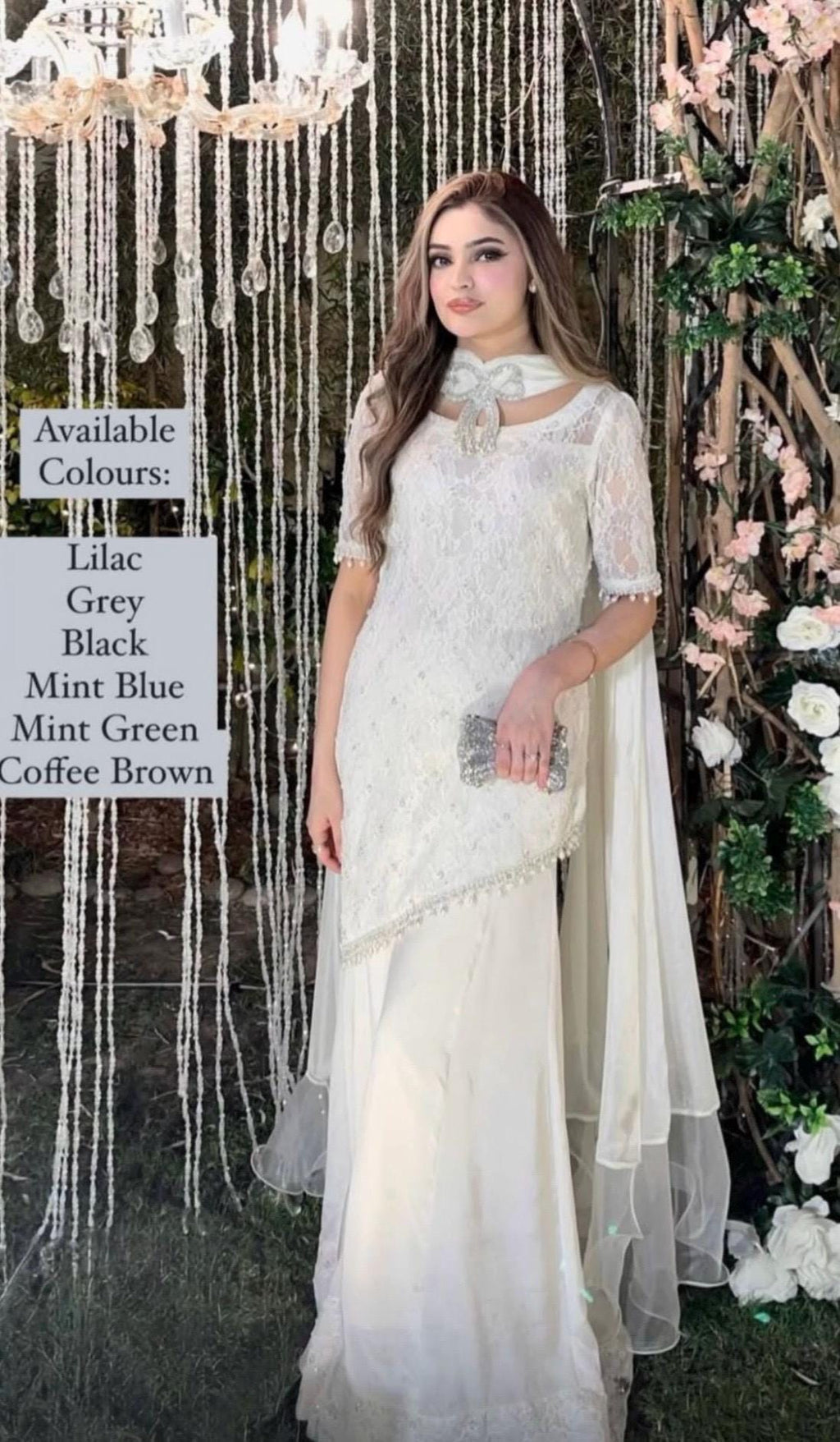 White Lace Kameez Set: Pakistani Mirrorwork Outfit, Butter Net Silk