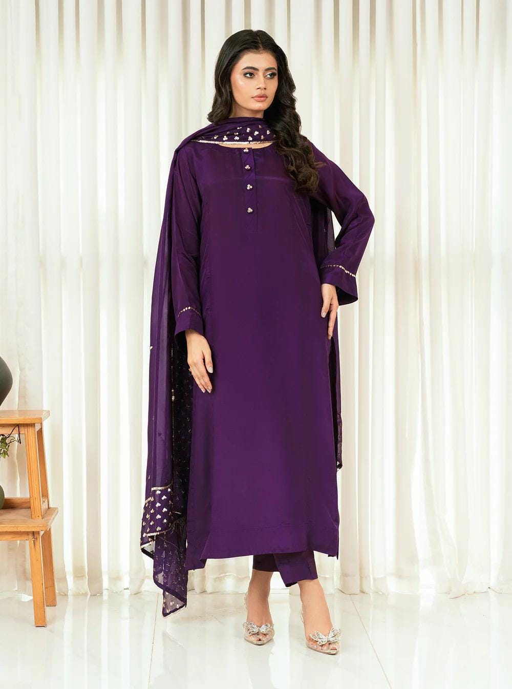 Purple Russian Silk 3pc Indian Dress, Sequins Dupatta