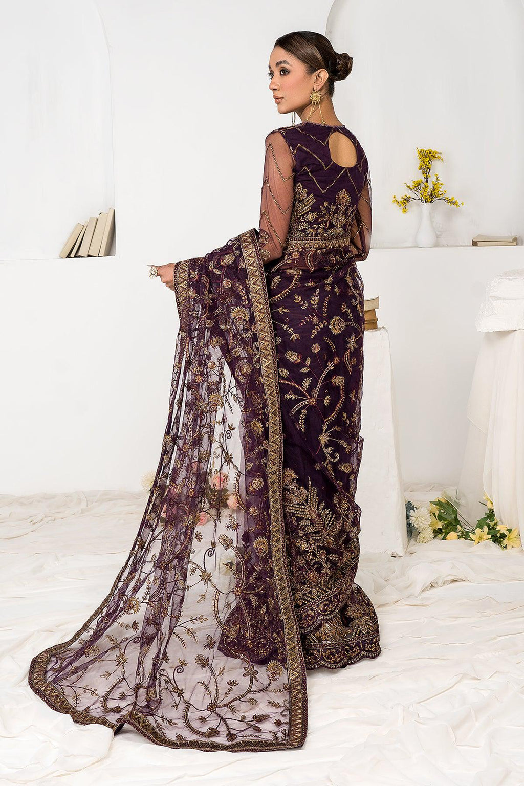 Plum indian fancy lace net Sequin Embroidered Saree with Blouse