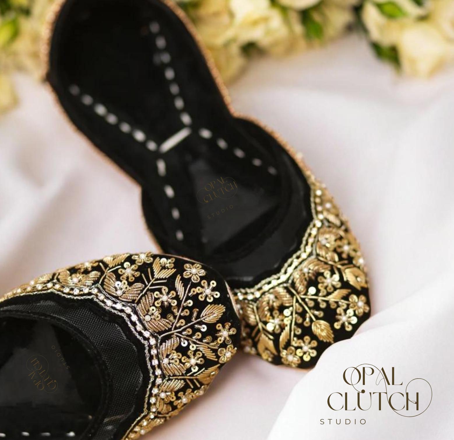 Handmade Black Velvet Embroidered Khussa Shoes | Indian Bridal Jutti
