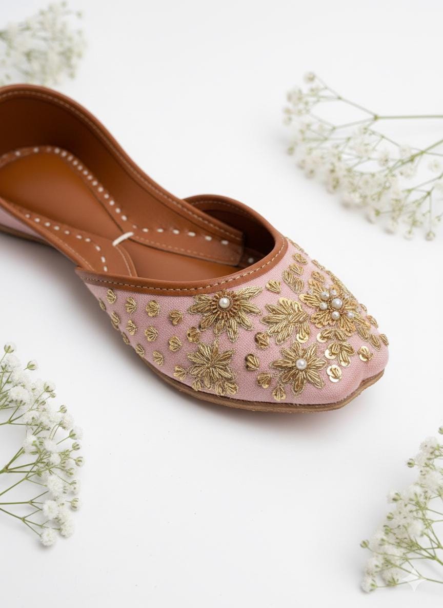 Handmade Silk Jutti: Pink Floral Embroidered Bridal Flats