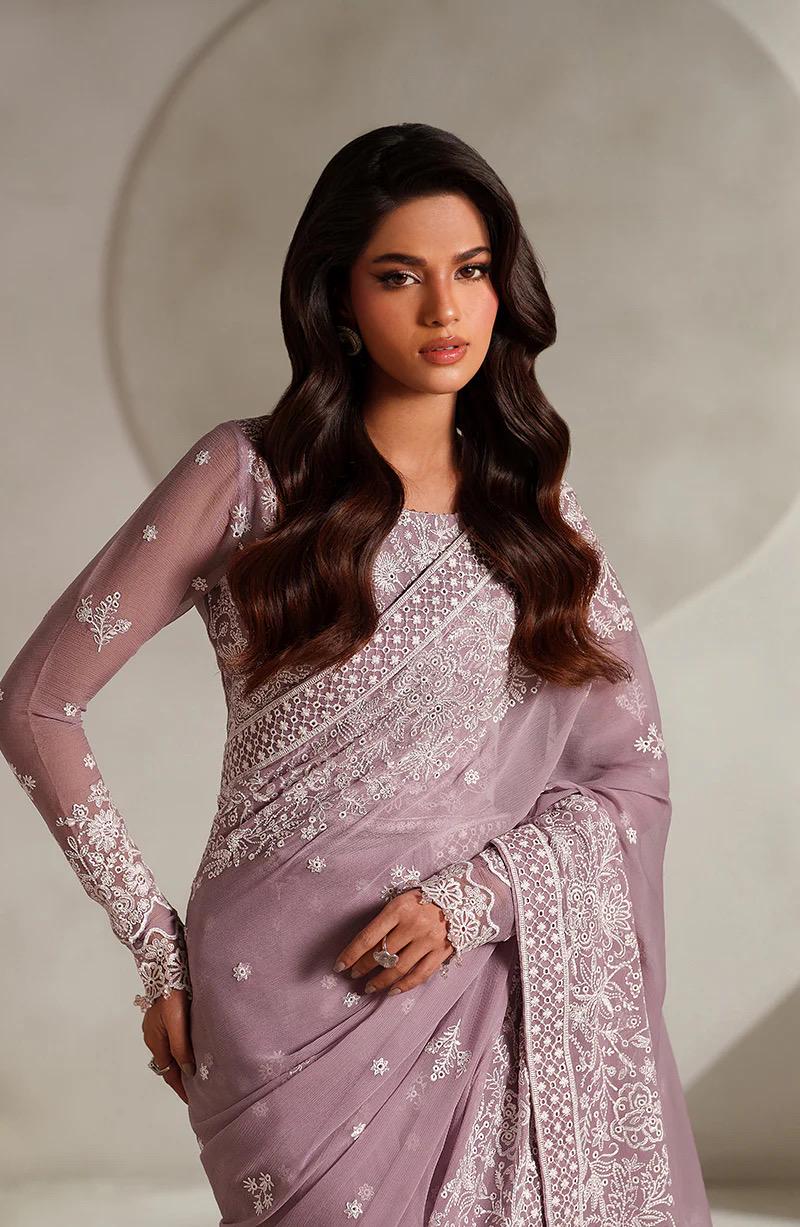 lavender hand embroidery embellished Saree for wedding, Chiffon Indian Party Wear, Matching Blouse