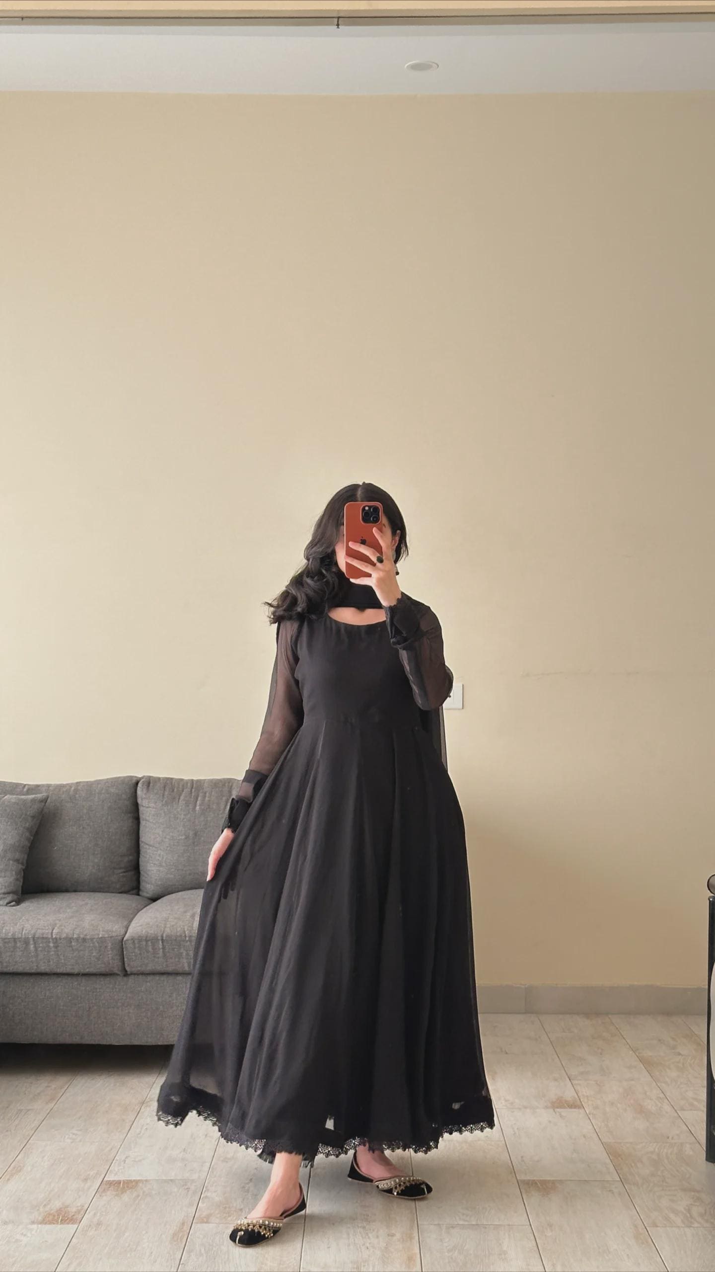 Black Georgette Anarkali Gown: Pakistani Punjabi Suit, Chiffon Dupatta