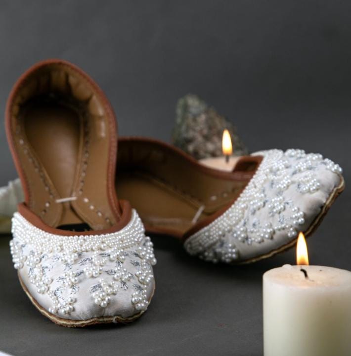 Handmade Pearl Bridal Jutti Flats – White Wedding Shoes