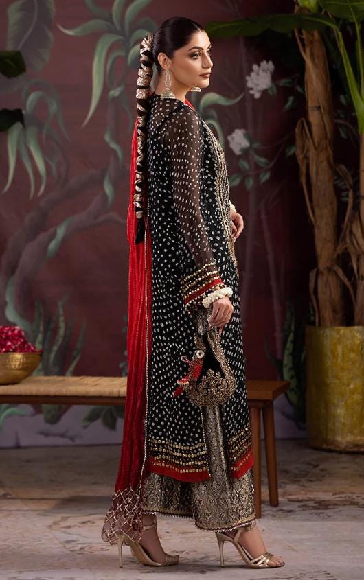 Hand Embroidered Pakistani 3pc Suit | Black Chunnari Chiffon, Festive Wedding Wear