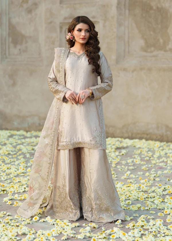 Ivory Sequin Silk Shalwar Kameez: Pakistani 3-Piece Suit