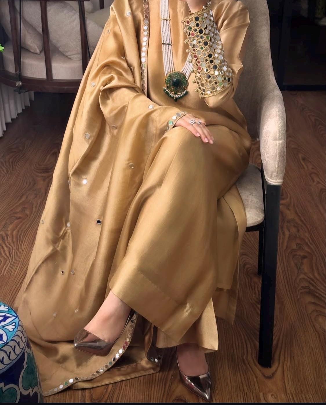 Gold Silk Kameez Shalwar, Pakistani Mirrorwork 3pc Outfit