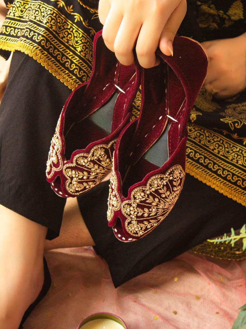 Handmade Bridal Khussa Jutti | Mirror & Velvet Embellished Flats