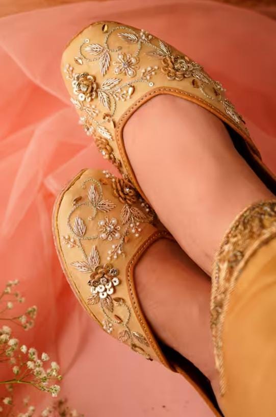 Handmade Gold Floral Jutti: Silk Punjabi Mojari Bridal Flats