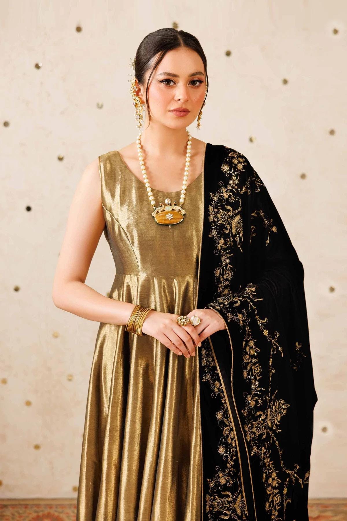 Black Velvet Shawl – Gold Sequins & Tila Embroidery, Formal Occasion