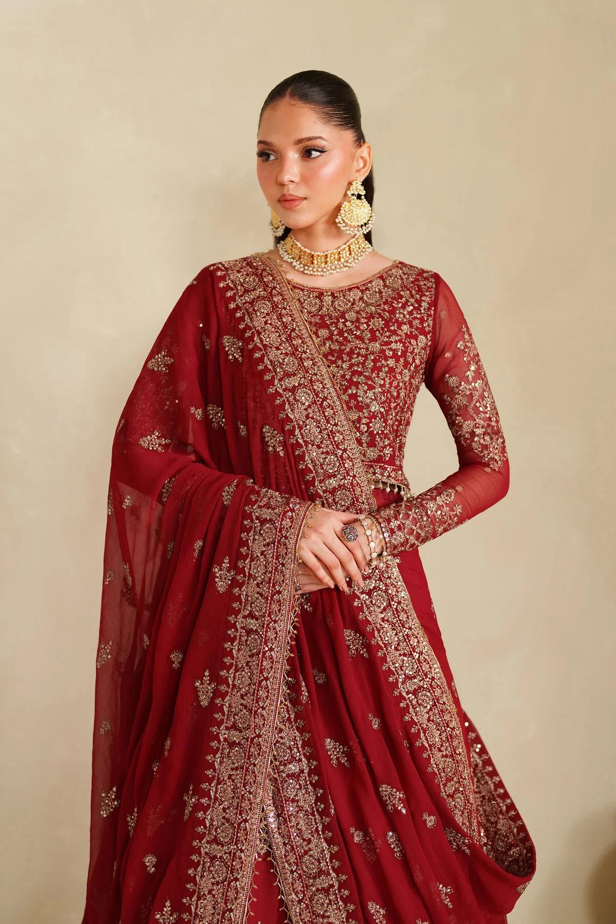 Red Chiffon Saree, Sequins Embroidered Indian Party Wear