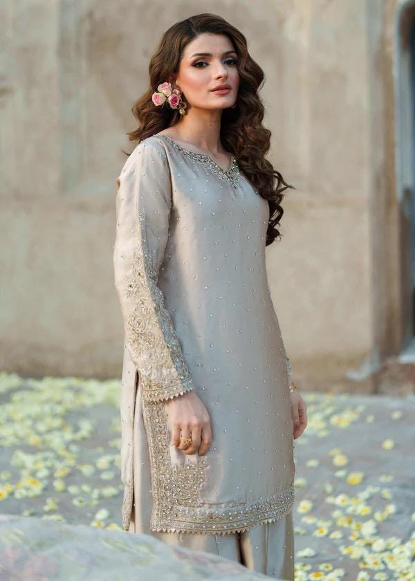Ivory Sequin Silk Shalwar Kameez: Pakistani 3-Piece Suit