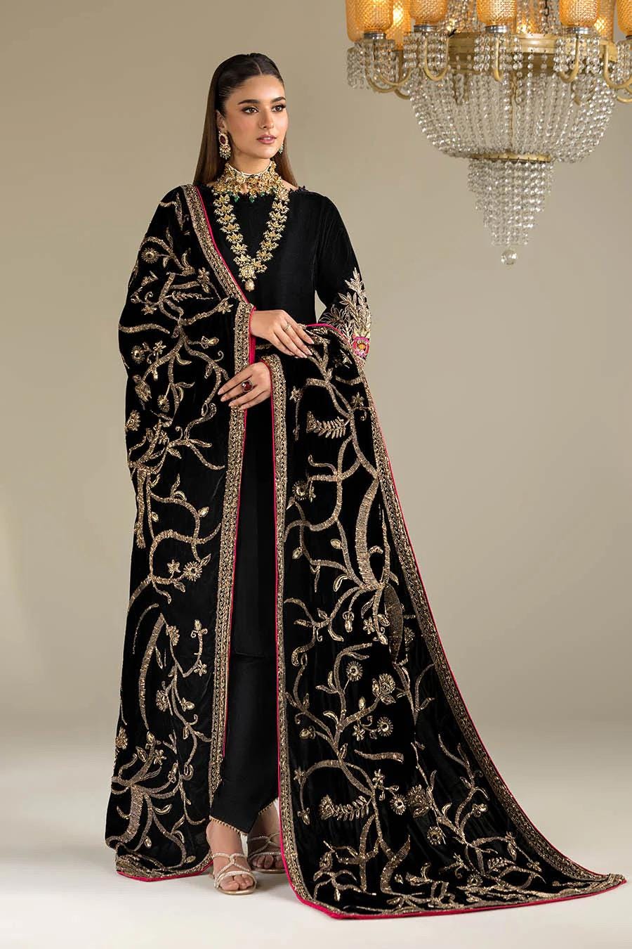 Gold Work Black Shawl, Embroidered Velvet Dupatta, Indian Wedding Wear