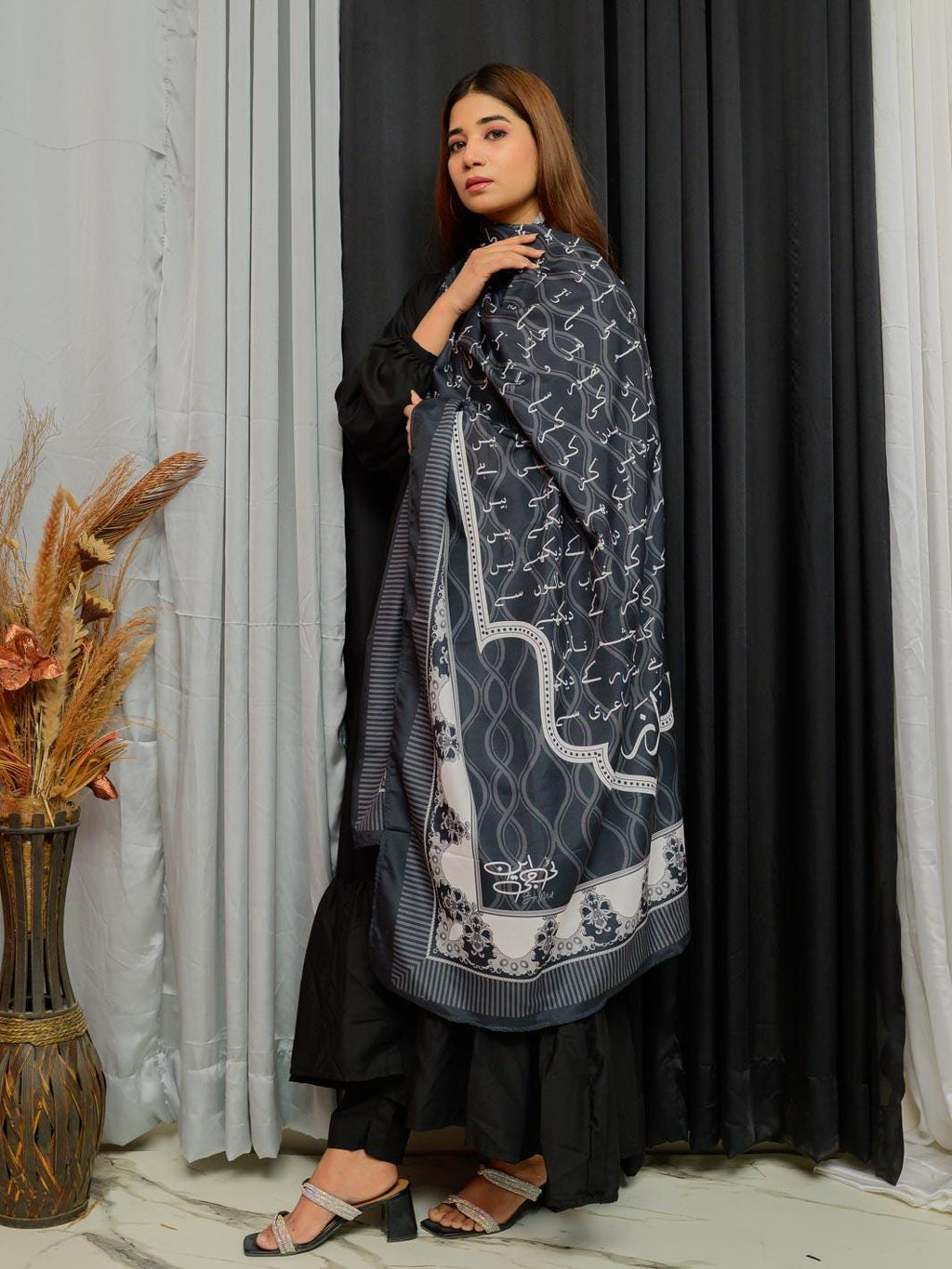 black arabic caligraphy lawn Dupatta – Urdu Poem Scarf, Traditional Style