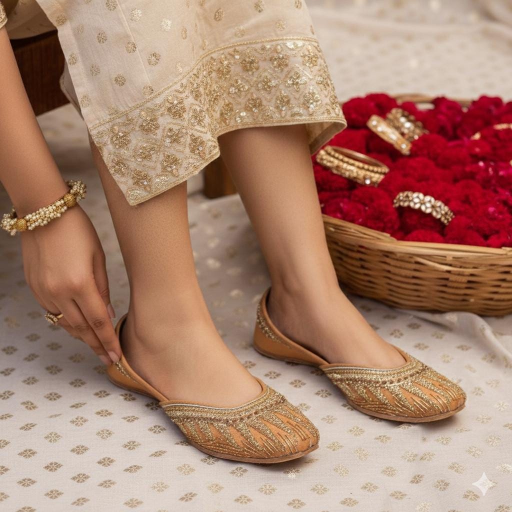 Handmade Zari Kora Work Jutti, Rust Gold Silk Khussa Flats