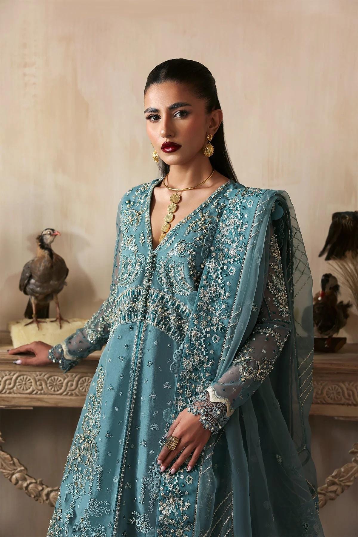 Teal Blue Embroidered Organza Pakistani Suit: 3-Piece Wedding Party Wear