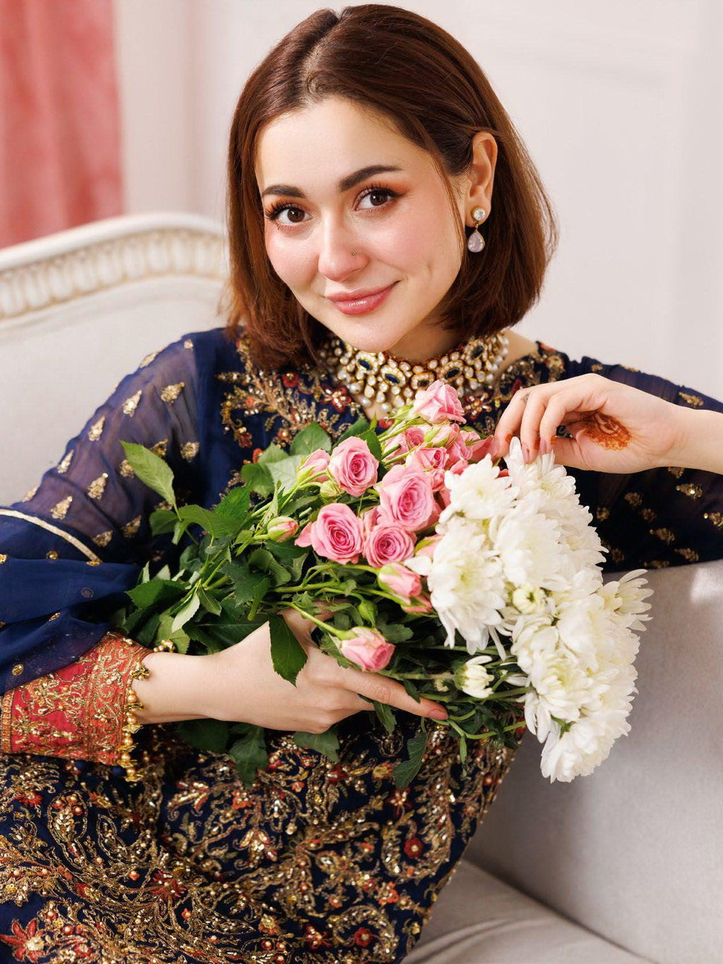 Embroidered Chiffon Pakistani Dress: Blue Floral Kashmiri Party Wear