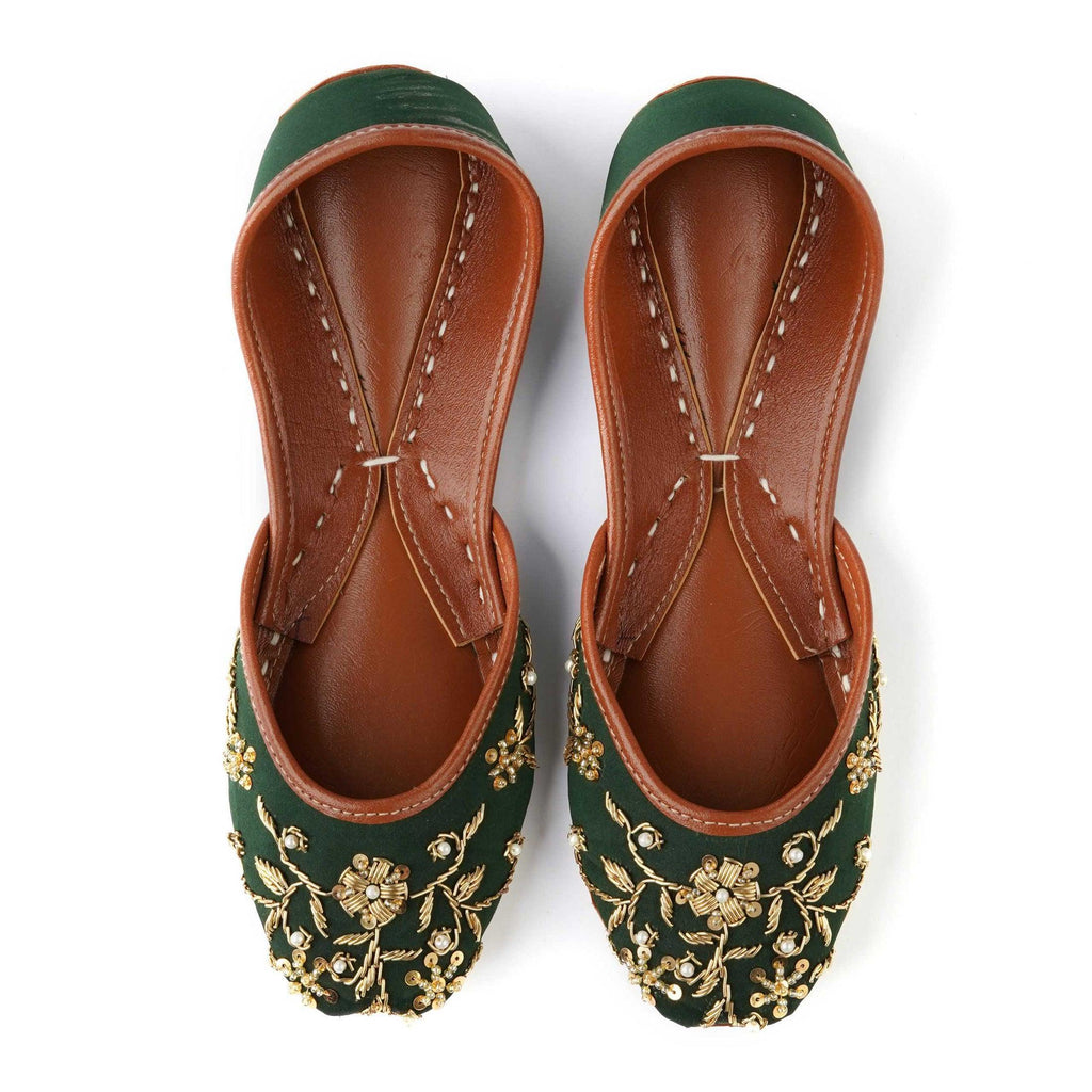 Emerald Green Beaded Jutti: Handmade Punjabi Wedding Flats