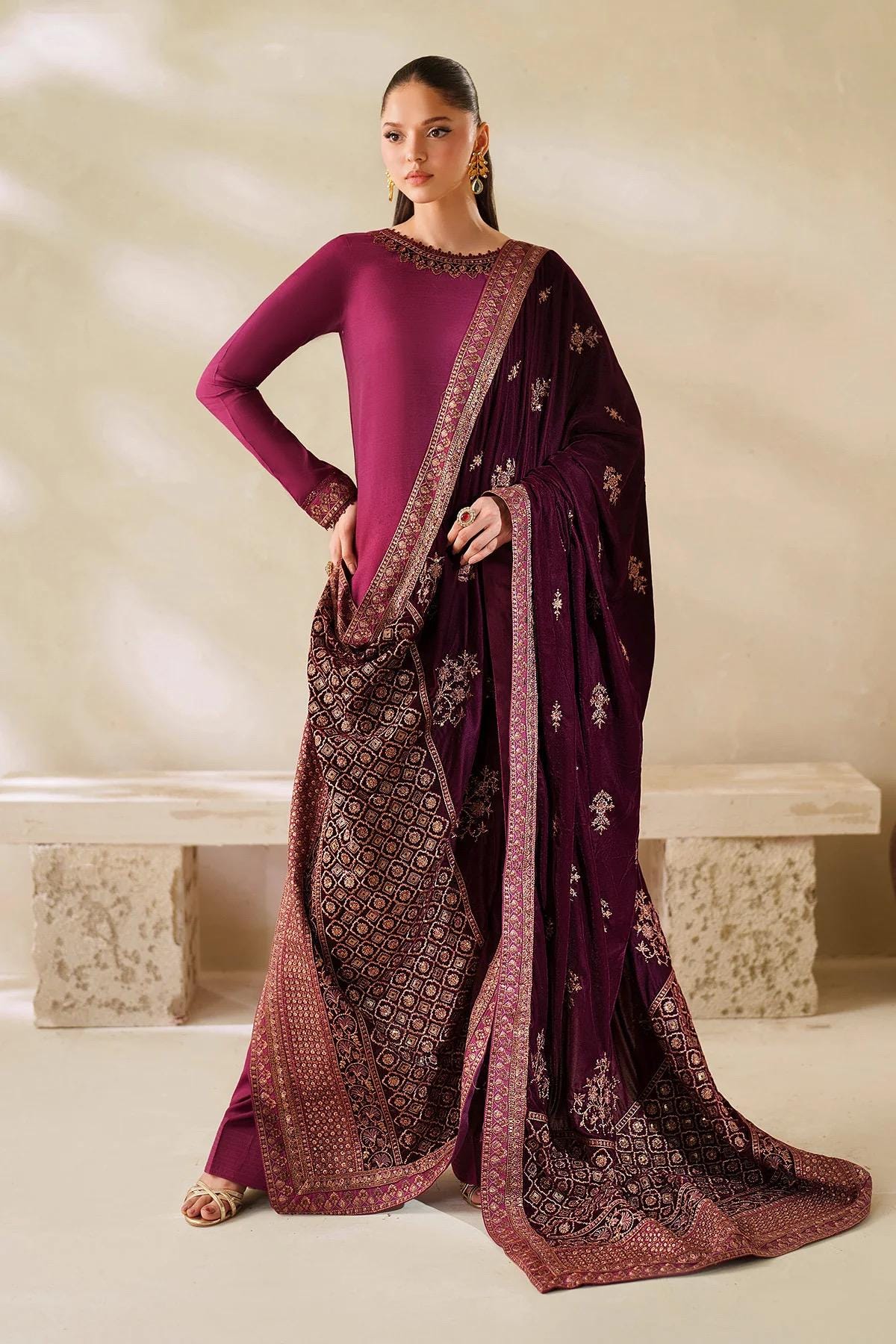 Maroon Velvet Shawl, Sequins Embroidered, Bridal Gift