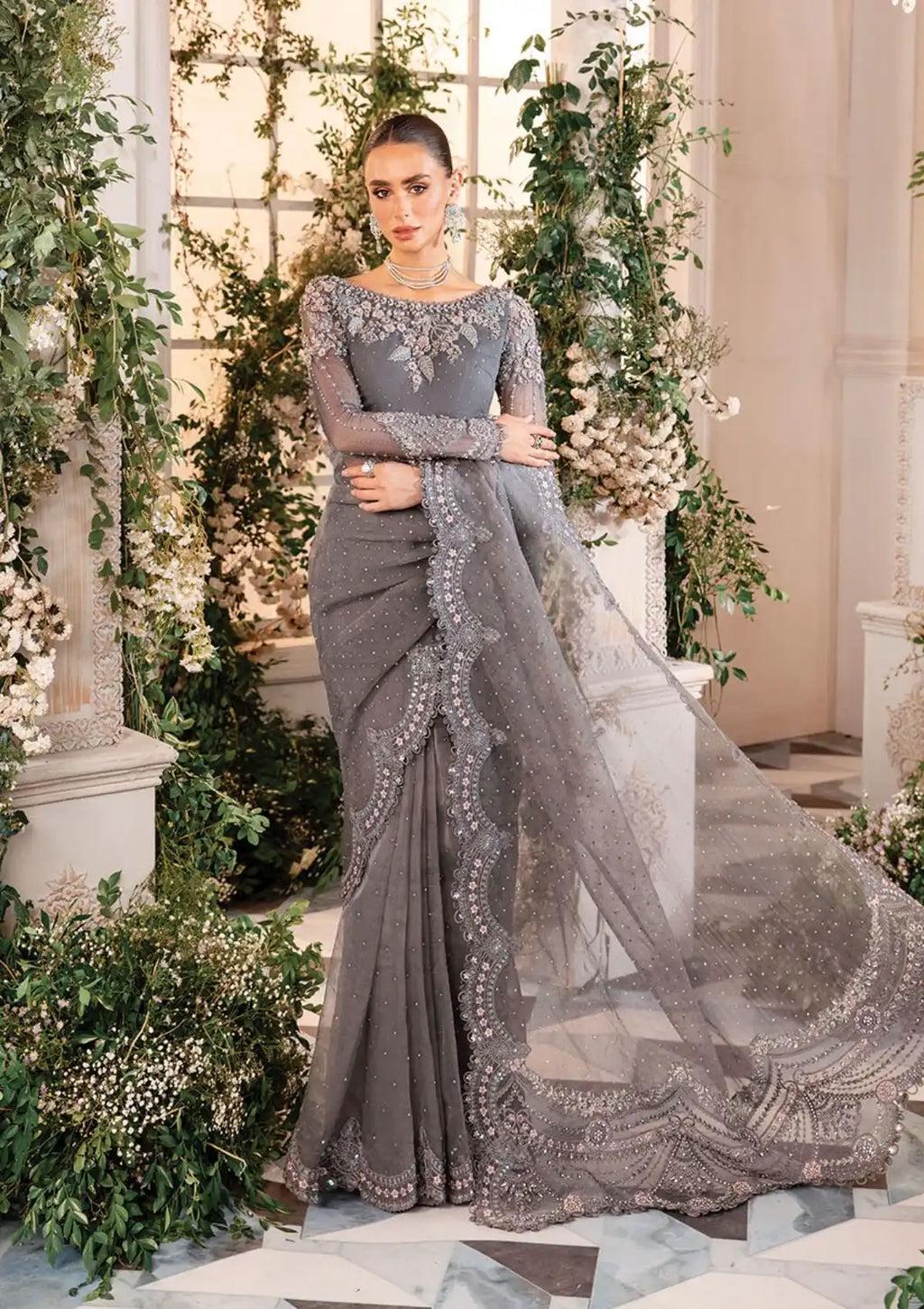 Grey Embroidered Chiffon Saree with Matching Blouse