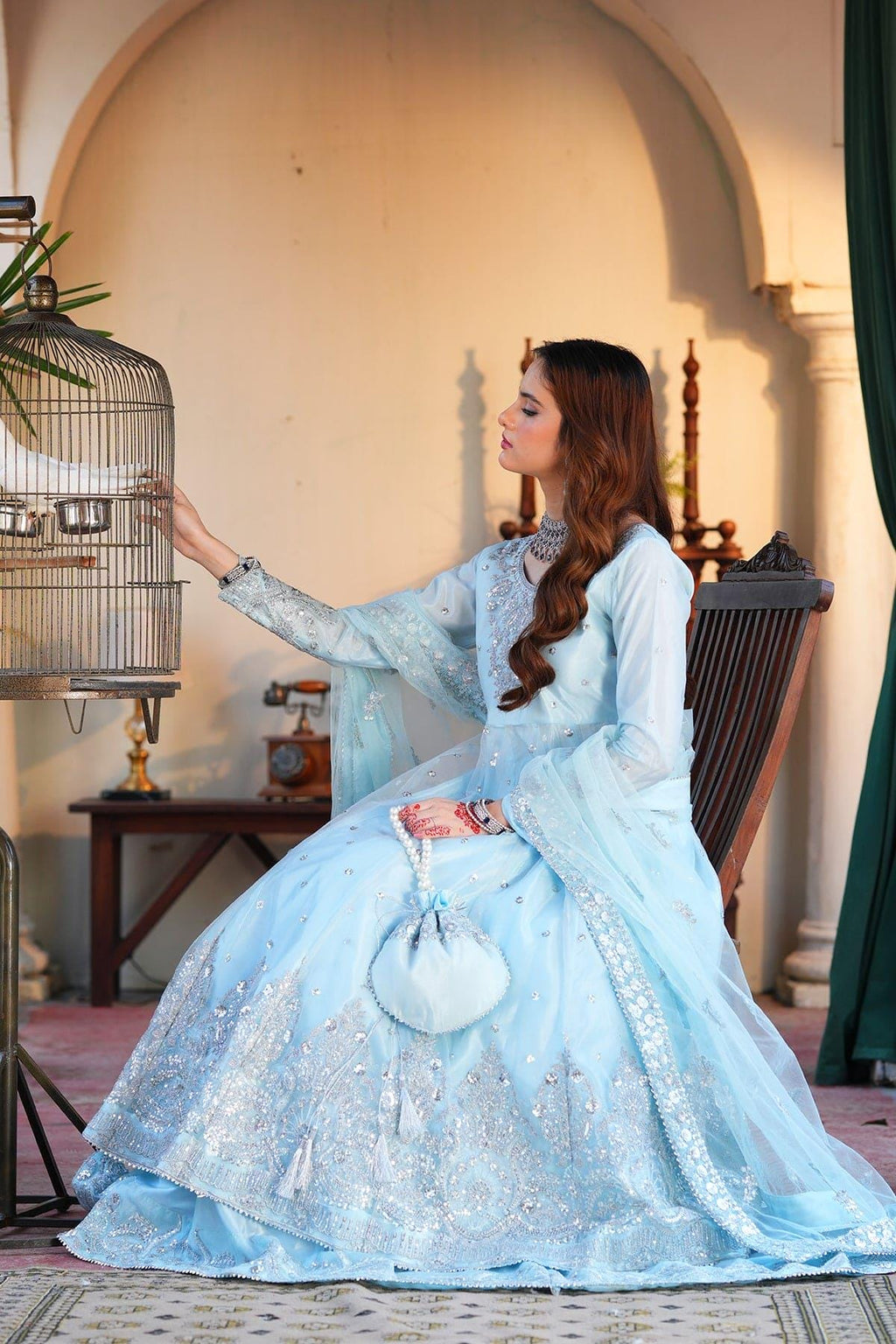 Embroidered Net Frock, Sky Blue Pakistani Maxi Dress, Lengha India