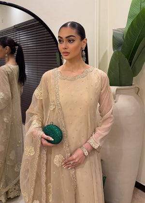 Beige Embroidered Pakistani Maxi Suit, Organza Dupatta, Silk Trouser