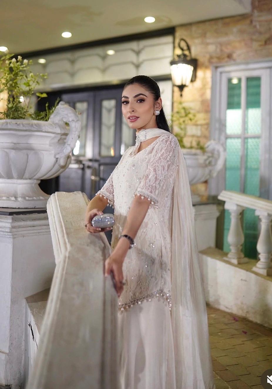 White Lace Kameez Set: Pakistani Mirrorwork Outfit, Butter Net Silk