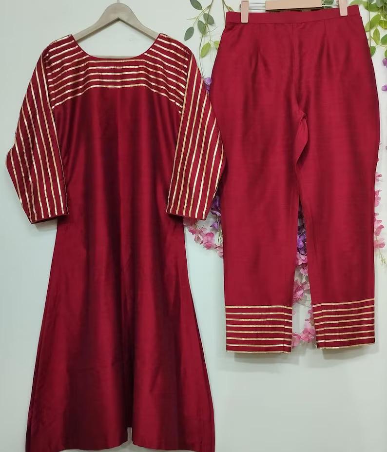 daisy maroon silk shalwar kameez, silk dress with golden work 3pc suit