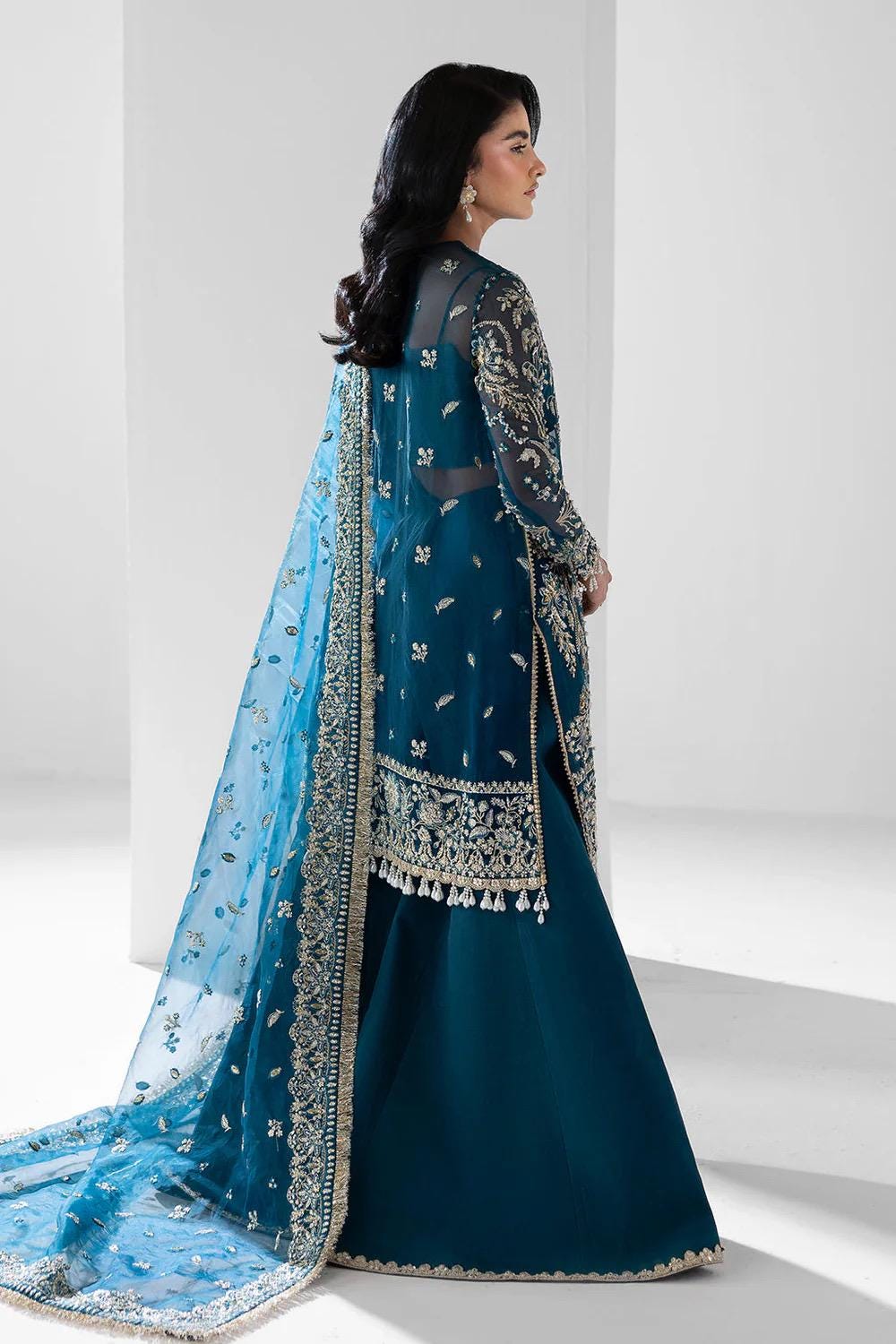 Teal Embroidered Organza Pakistani Suit: Pearl Kamdani Sharara