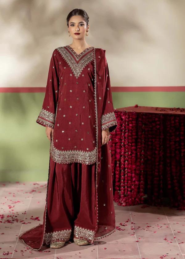 Maroon/ blue farshi shalwar embrioded 3 pc, silk fancy farshi dress