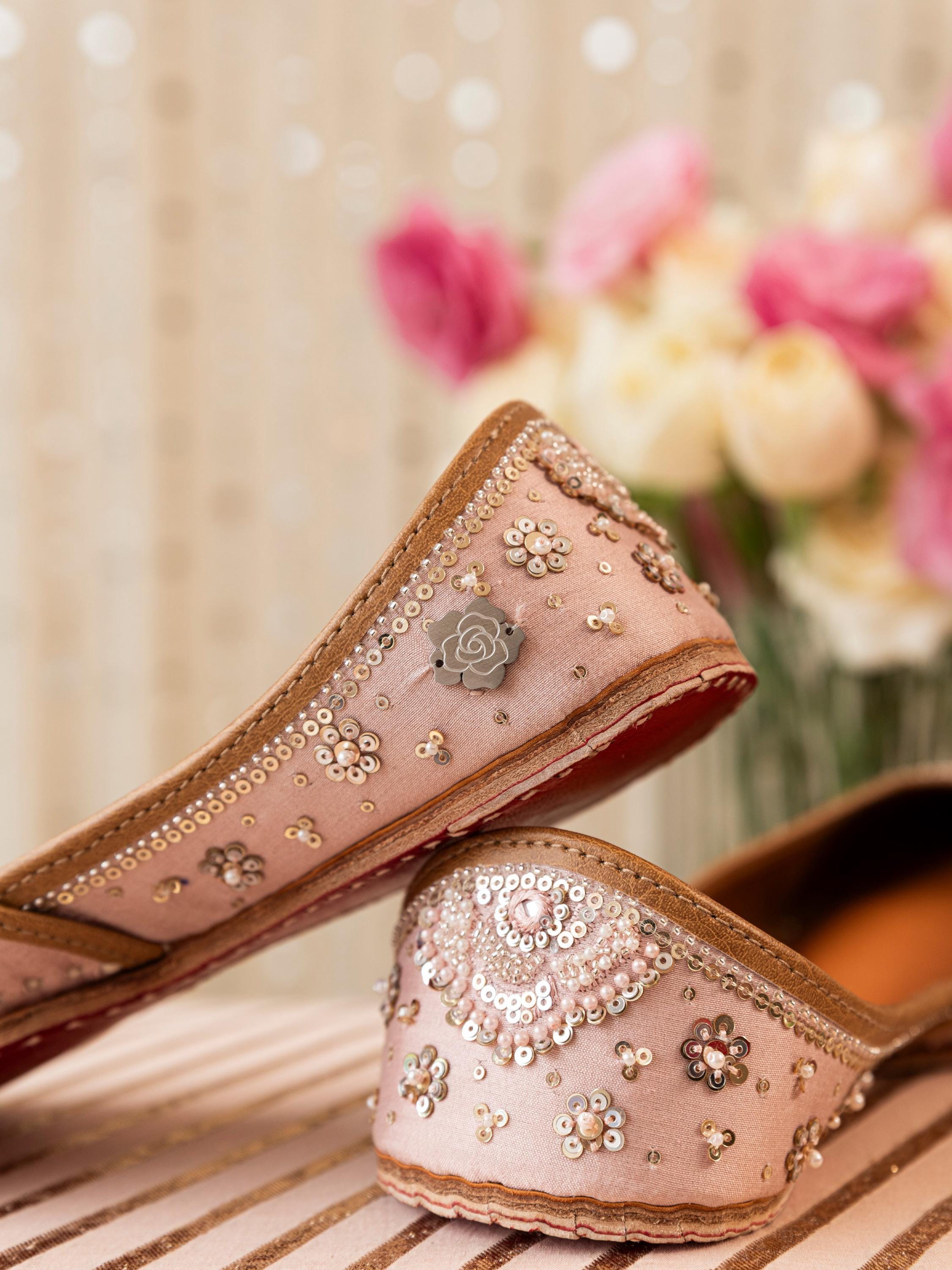 Handmade Pink Velvet Khussa Mojari Flats, Gold Embellished Bridal Shoes