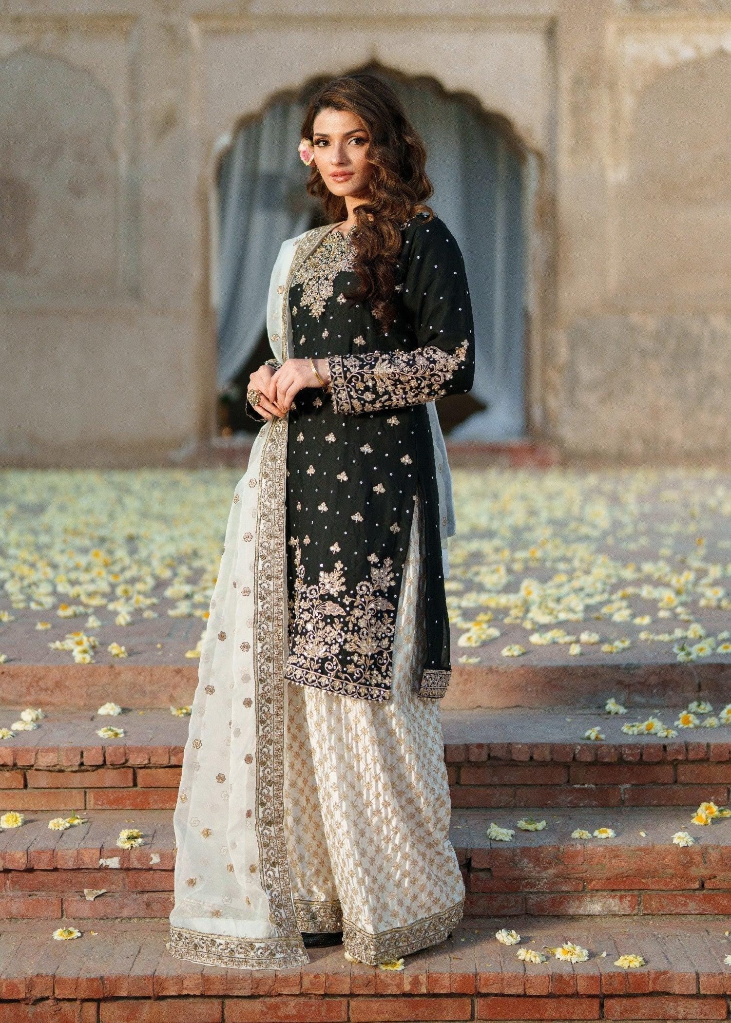 Black Kamdani Punjabi Suit, 3pc Chiffon Kurta, Organza Dupatta