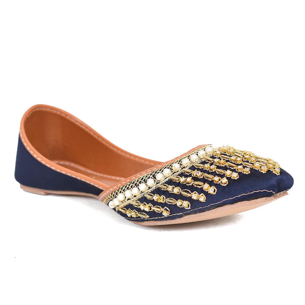 Handmade Blue Velvet Jutti: Pearl & Sequins, Punjabi Flats