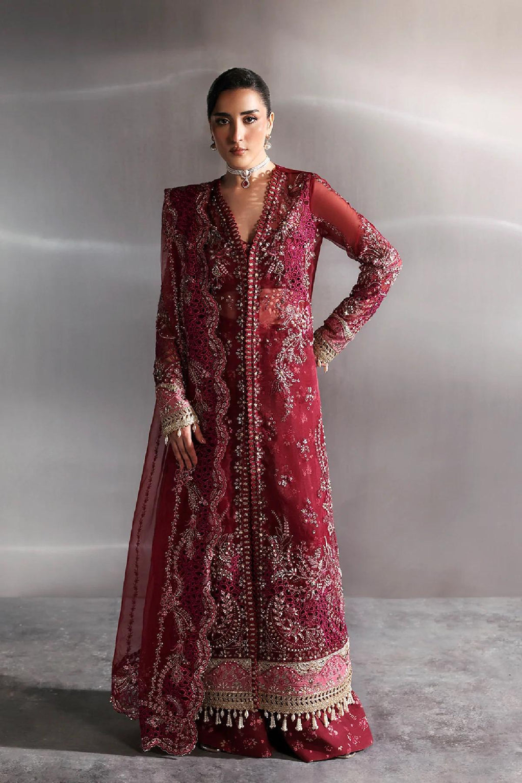 Embroidered Garnet Organza Pakistani Suit: 3-Piece Eid Outfit