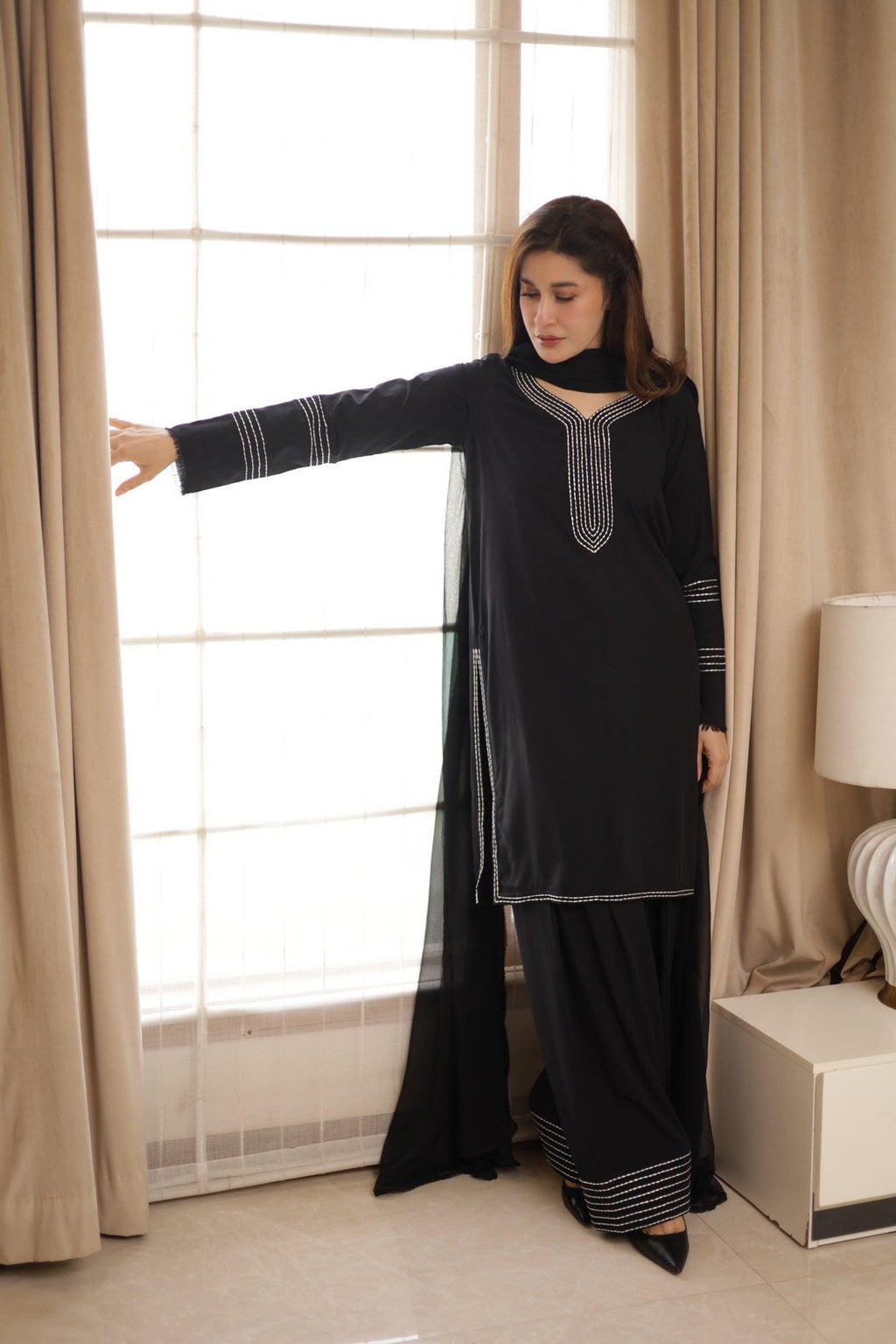 Plain Black light weight Monochrom 3pc stitched black kurti and flared trouserFree shipping