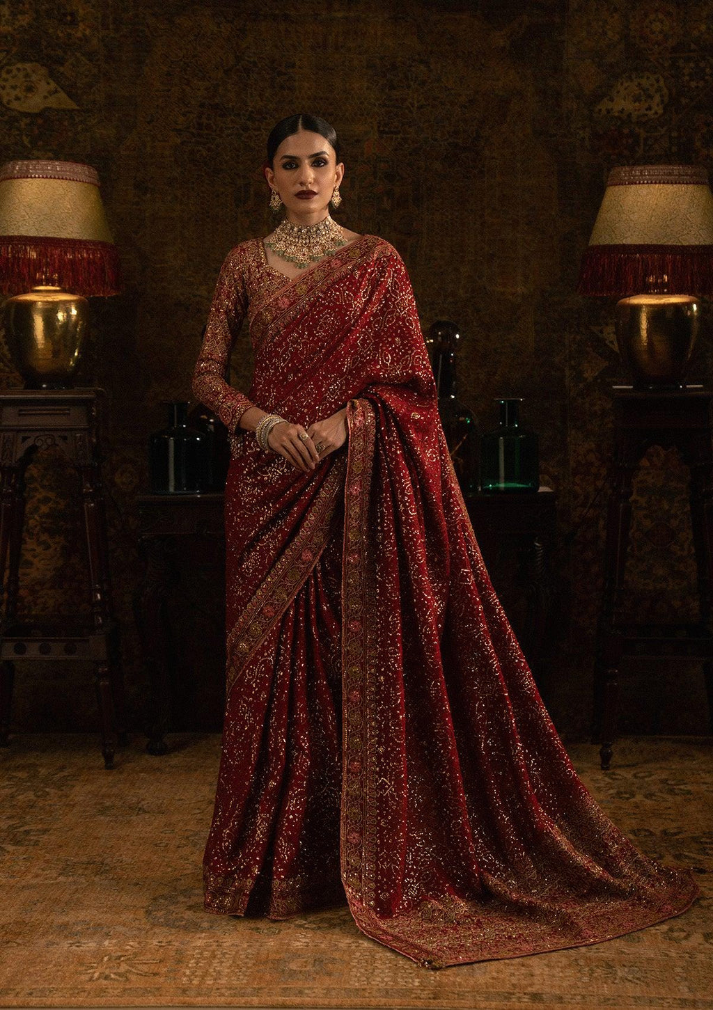 Embroidered Maroon Silk Bridal Saree, Indian Wedding
