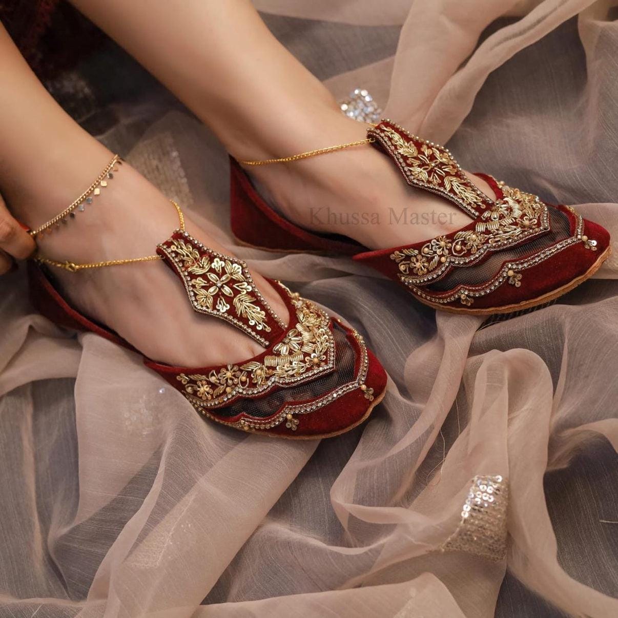 Maroon Velvet Khussa Shoes: Embroidered Pakistani Jutti