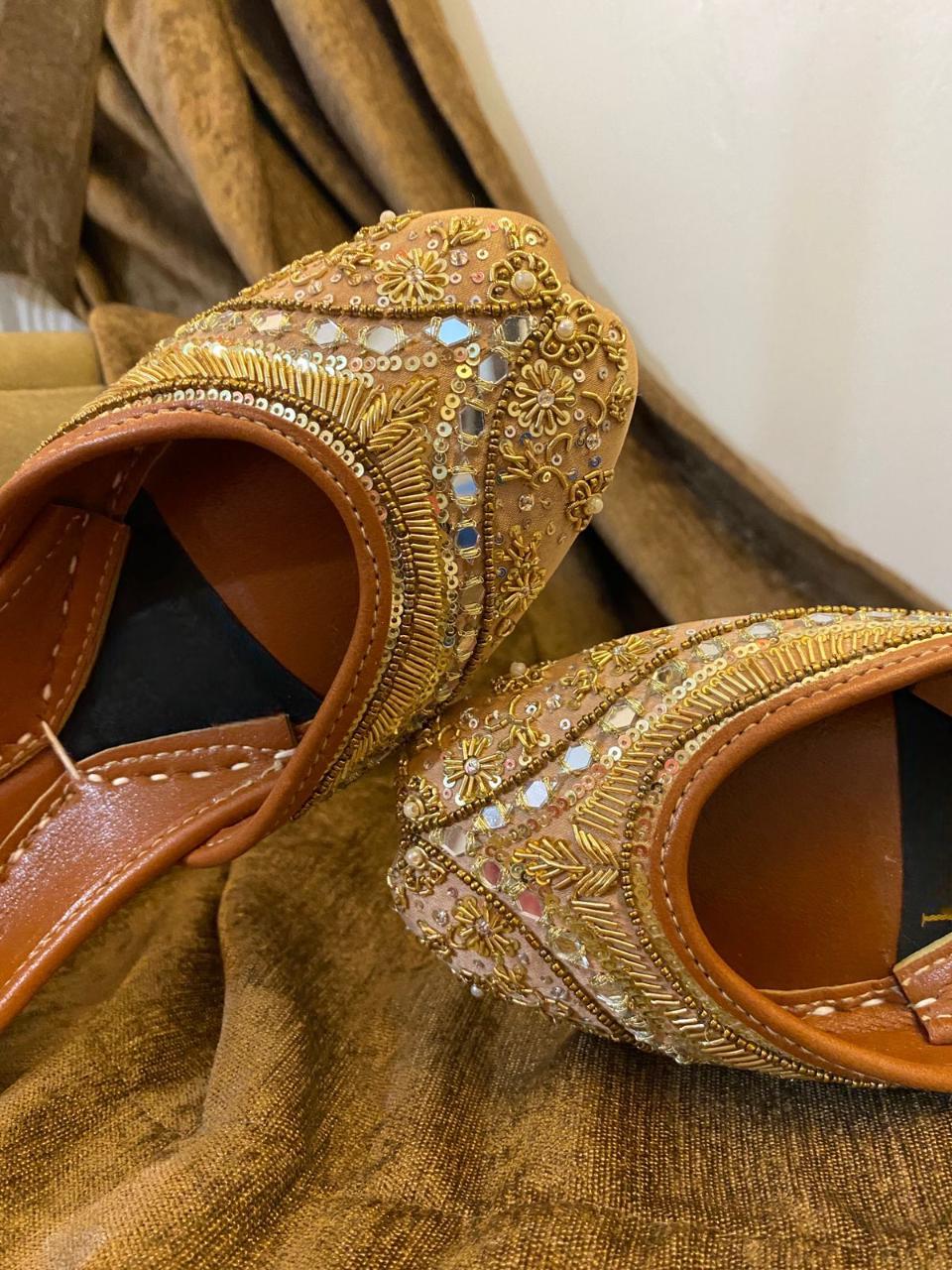 Handmade Gold Silk Jutti, Beaded & Sequined Punjabi Flats