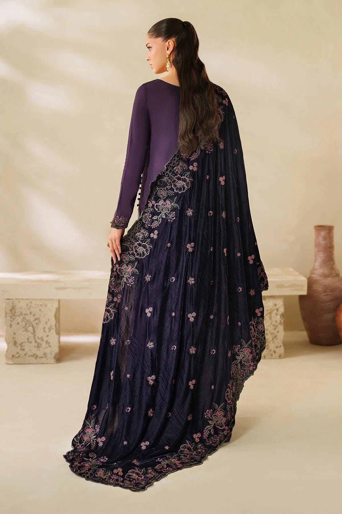 Plum Velvet Bridal Shawl, Sequins Embroidered, Kashmiri Style