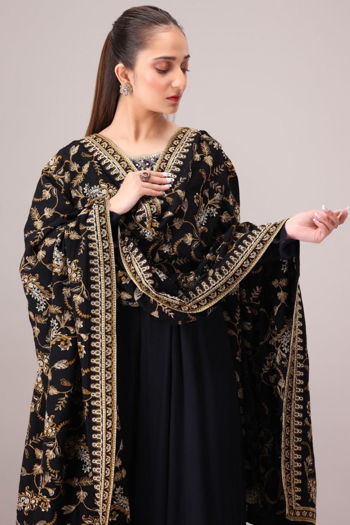 Embroidered dhanak Black Kashmiri Shawl: Indian Festive Wear