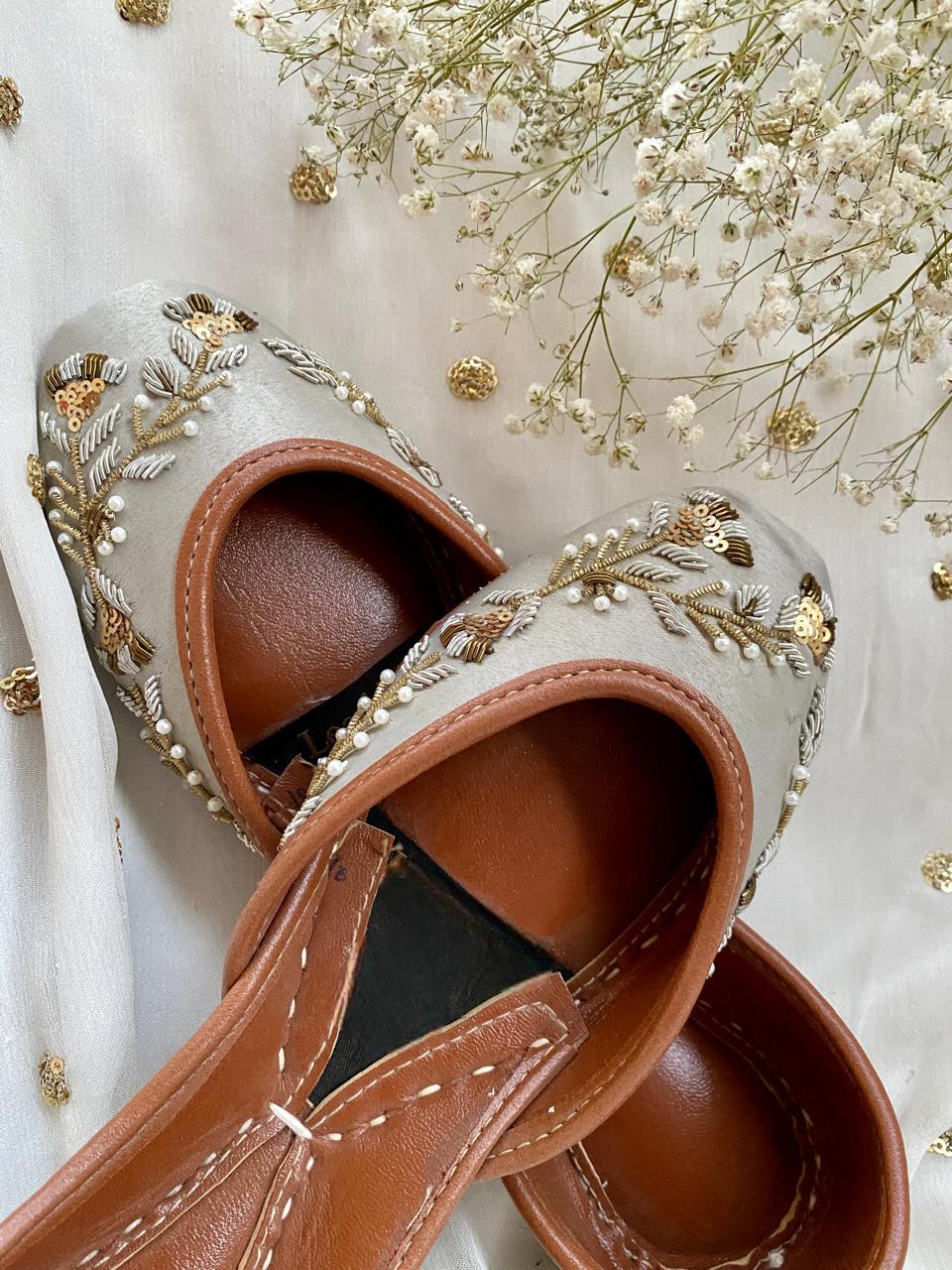 Grey Dupion Silk Bridal Jutti, Gold Dabka Mirror Work, Indian Flats