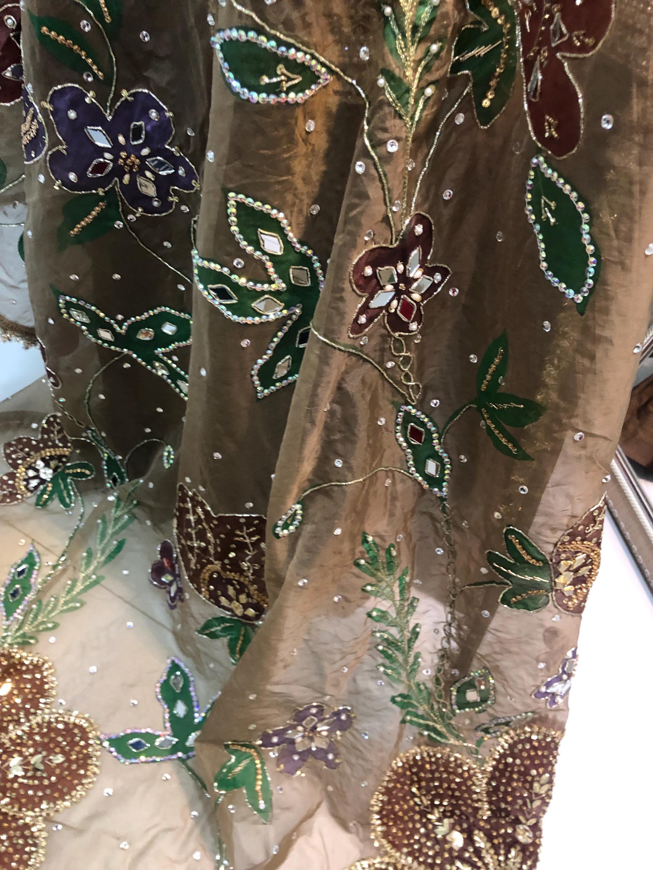 Brown Sheesha Silk Kamdani Suit, Hand-Painted Dupatta, Pakistani Wedding Outfit