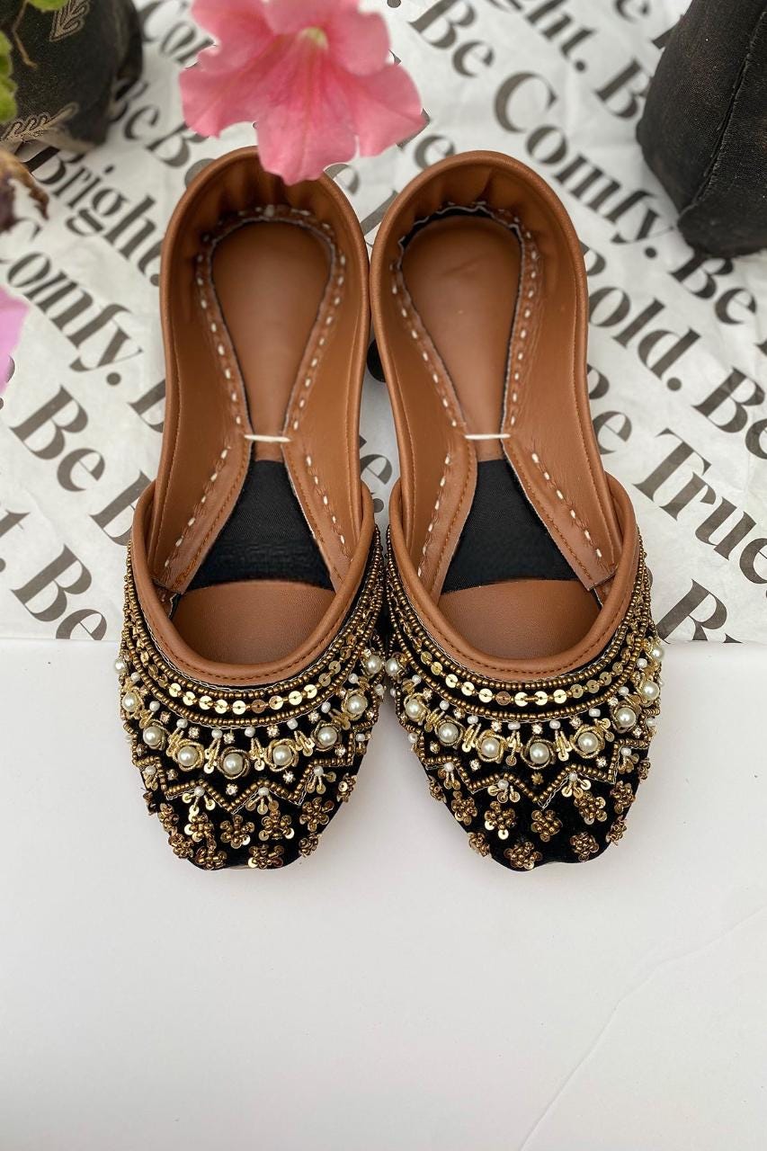Black & Gold Bridal Jutti Flats: Handmade Pakistani Wedding Shoes