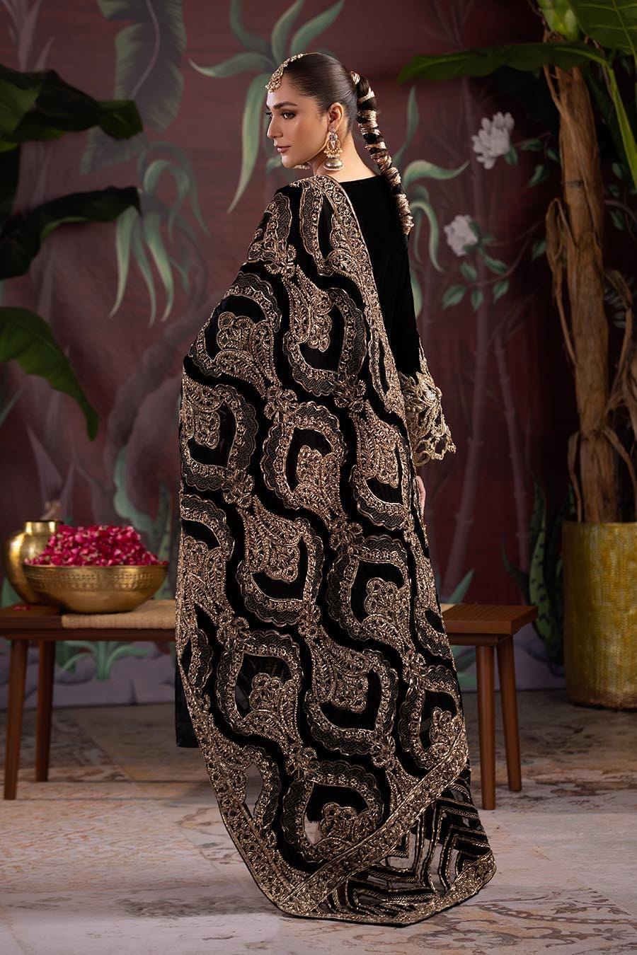 Black Velvet Bridal Shawl, Gold Embroidered Cutwork, Pakistani Designer