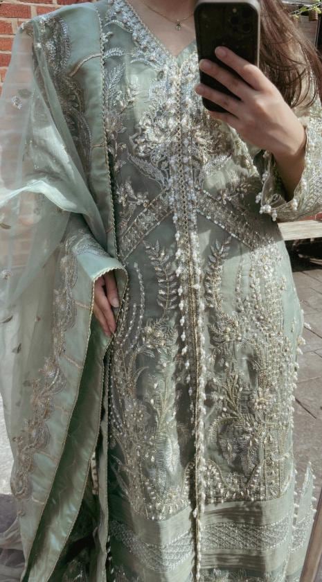 Sage Green Organza 3pc Pakistani Suit: Embroidered Wedding Party Wear,pakistani designer dress,pistachio green dress indian,3pc party wear