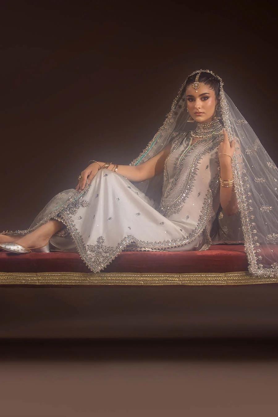 Ivory Glass Silk Farshi Shalwar Kameez with Net Dupatta