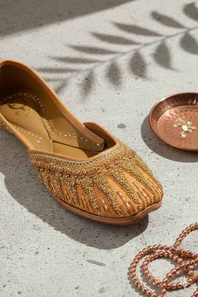 Handmade Zari Kora Work Jutti, Rust Gold Silk Khussa Flats