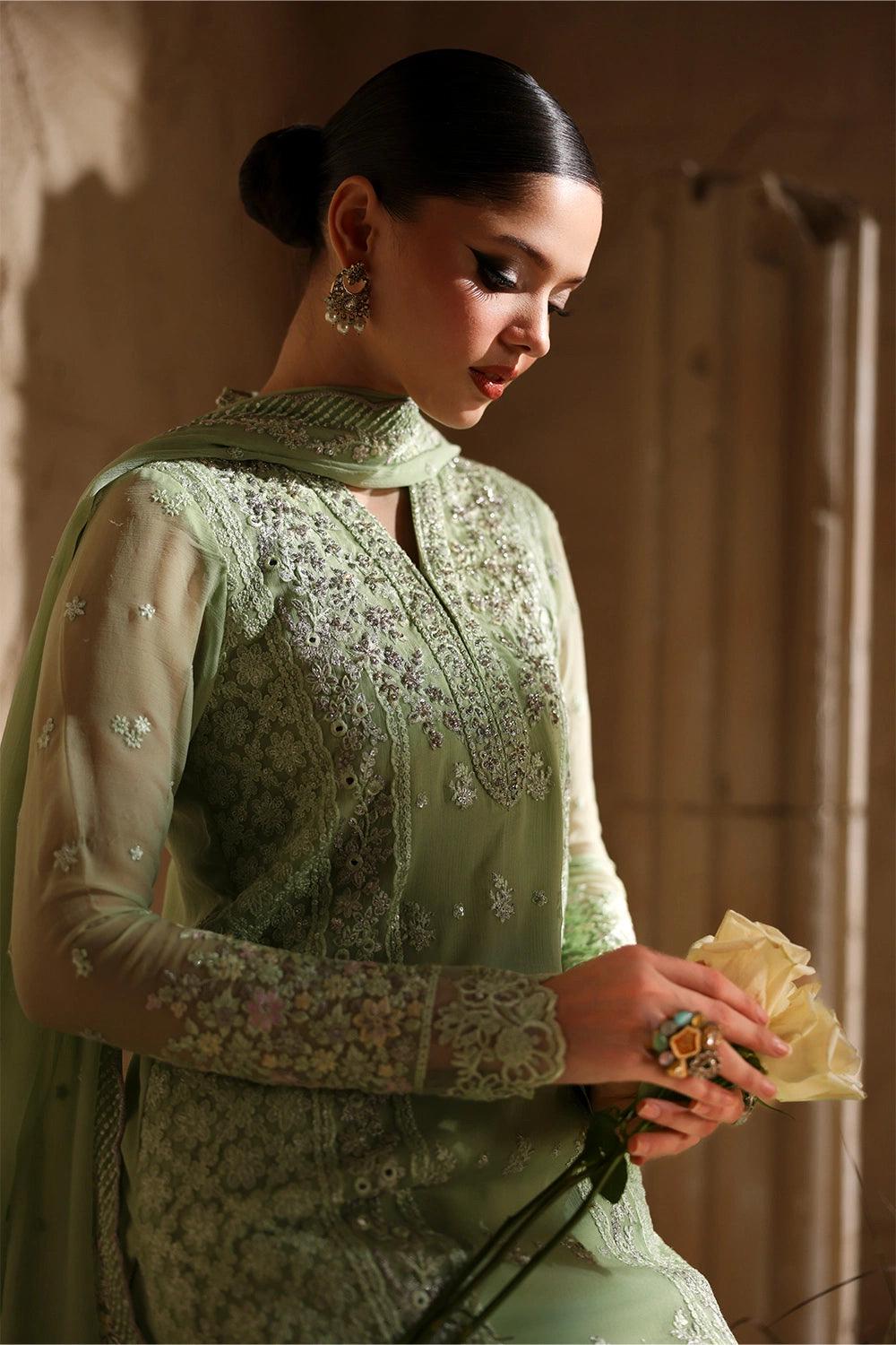 light green Chiffon Pakistani Bridal Suit: Embroidered Net Dress